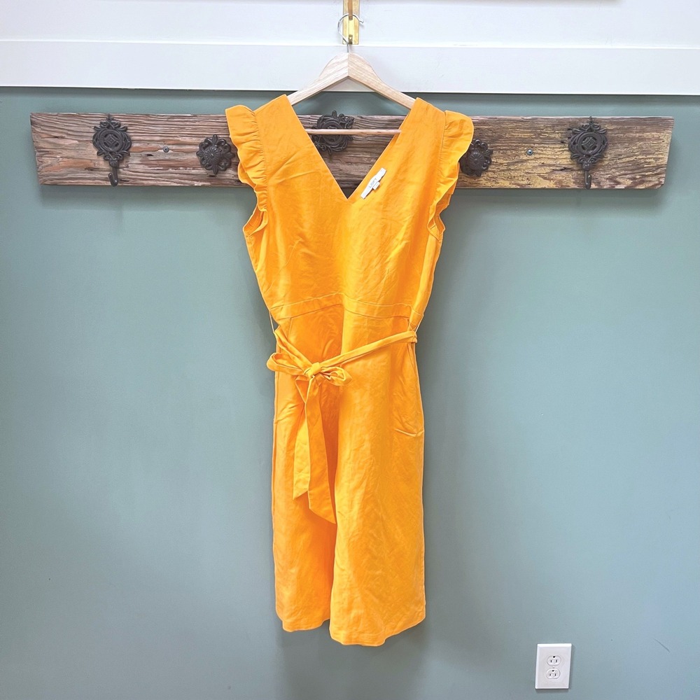 LOFT Yellow Orange Linen Blend Ruffle Shoulder Cutout Back Midi Dress Size 8
